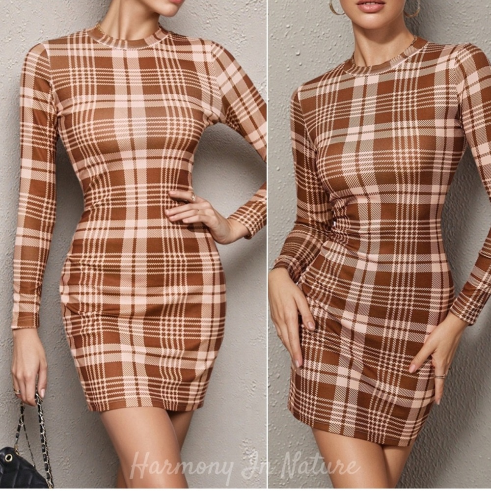 Harmony In Nature Plaid Long Sleeve Dress - Brown and Cream